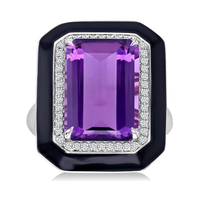 14X10 MM Evoque Gemstones Emerald Shape Amethyst and 1/5 Ctw Round Cut Diamond Halo & Black Enamel Border Semi-Precious Ring in 14K White Gold