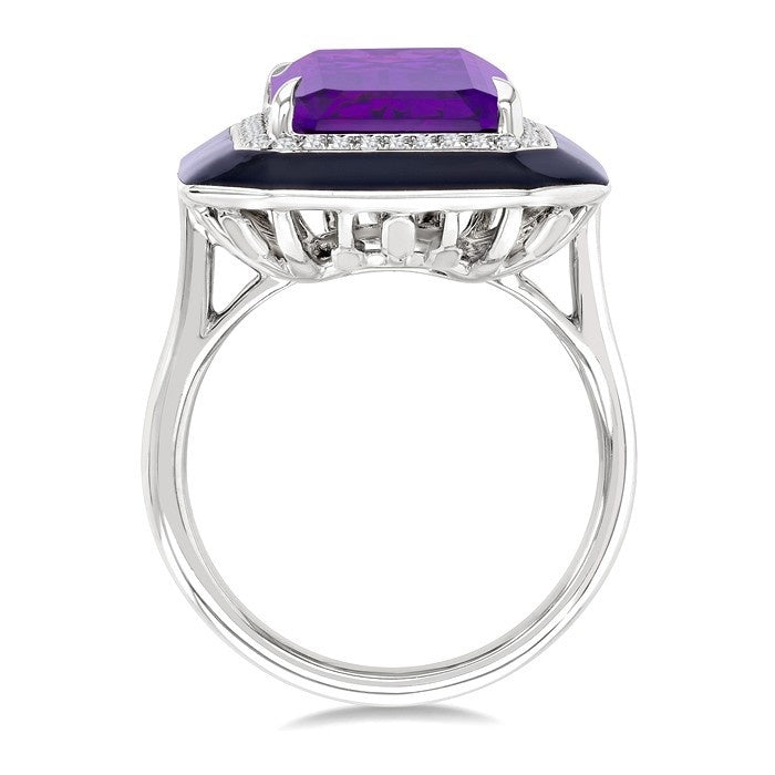 14X10 MM Evoque Gemstones Emerald Shape Amethyst and 1/5 Ctw Round Cut Diamond Halo & Black Enamel Border Semi-Precious Ring in 14K White Gold