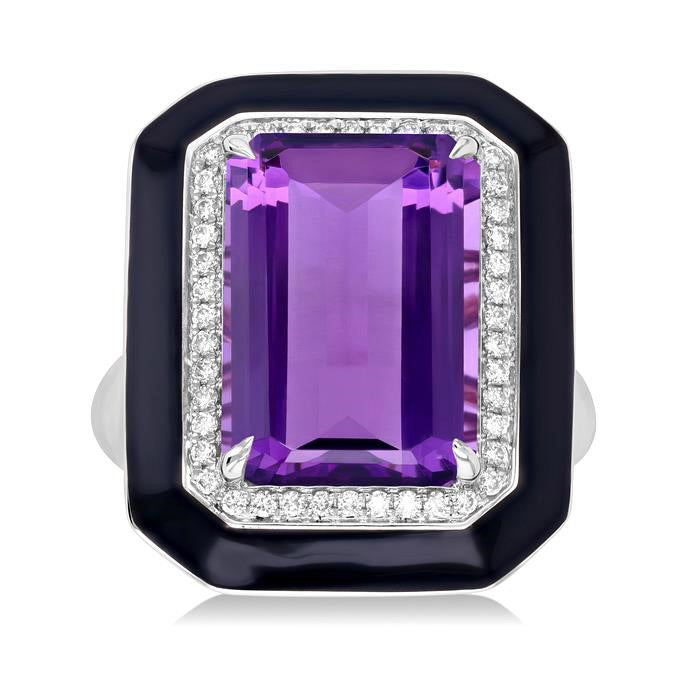 Emerald Shape Black Enamel Gemstone & Halo Diamond Ring