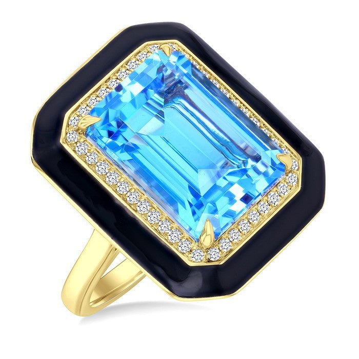14X10 MM Evoque Gemstones Emerald Shape Blue Topaz and 1/5 Ctw Round Cut Diamond Halo & Black Enamel Border Semi-Precious Ring in 14K Yellow Gold