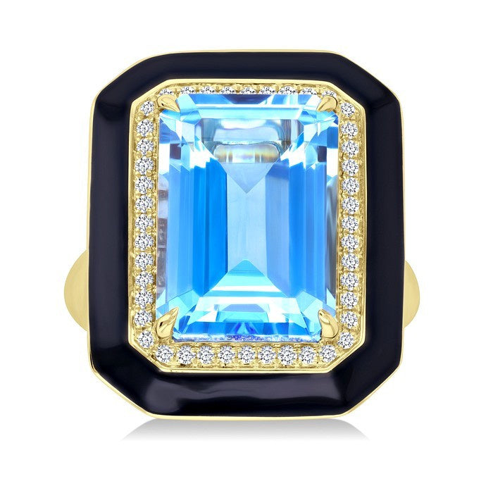 14X10 MM Evoque Gemstones Emerald Shape Blue Topaz and 1/5 Ctw Round Cut Diamond Halo & Black Enamel Border Semi-Precious Ring in 14K Yellow Gold