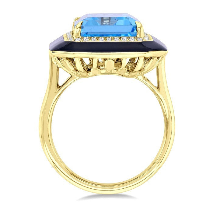 14X10 MM Evoque Gemstones Emerald Shape Blue Topaz and 1/5 Ctw Round Cut Diamond Halo & Black Enamel Border Semi-Precious Ring in 14K Yellow Gold