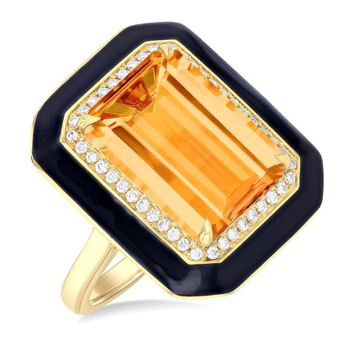 Emerald Shape Black Enamel Gemstone & Halo Diamond Ring