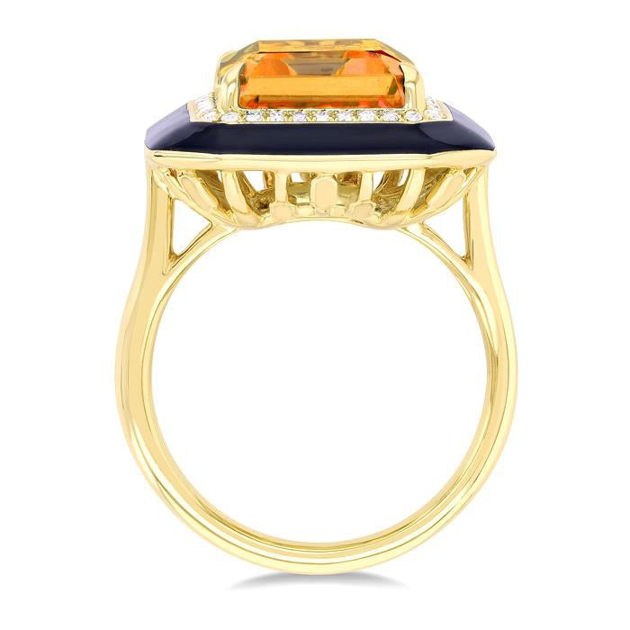Emerald Shape Black Enamel Gemstone & Halo Diamond Ring