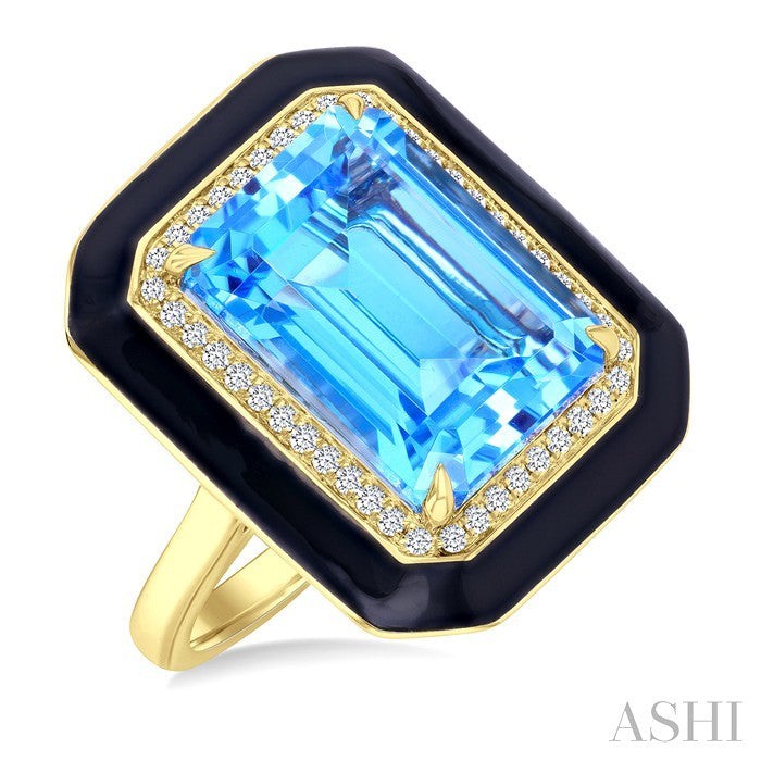 14X10 MM Evoque Gemstones Emerald Shape Blue Topaz and 1/5 Ctw Round Cut Diamond Halo & Black Enamel Border Semi-Precious Ring in 14K Yellow Gold