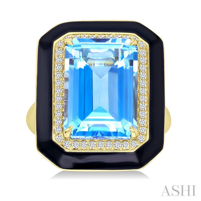 14X10 MM Evoque Gemstones Emerald Shape Blue Topaz and 1/5 Ctw Round Cut Diamond Halo & Black Enamel Border Semi-Precious Ring in 14K Yellow Gold