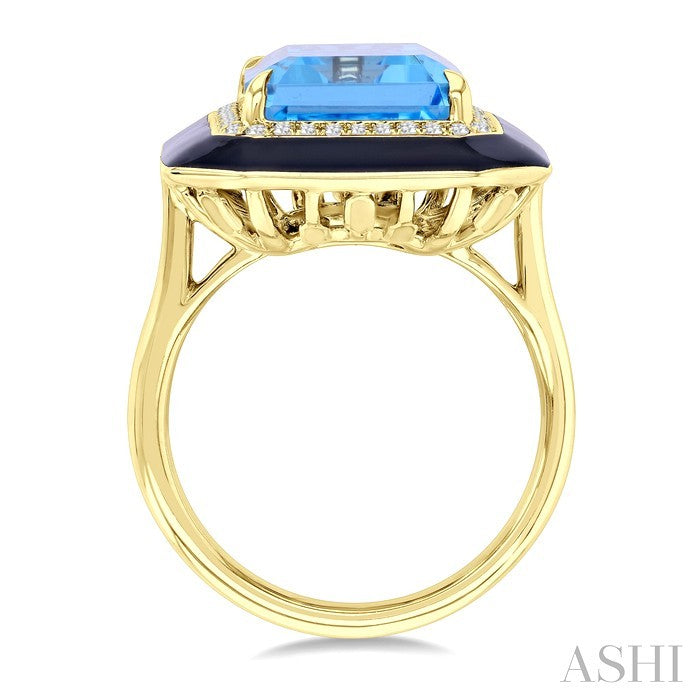 14X10 MM Evoque Gemstones Emerald Shape Blue Topaz and 1/5 Ctw Round Cut Diamond Halo & Black Enamel Border Semi-Precious Ring in 14K Yellow Gold
