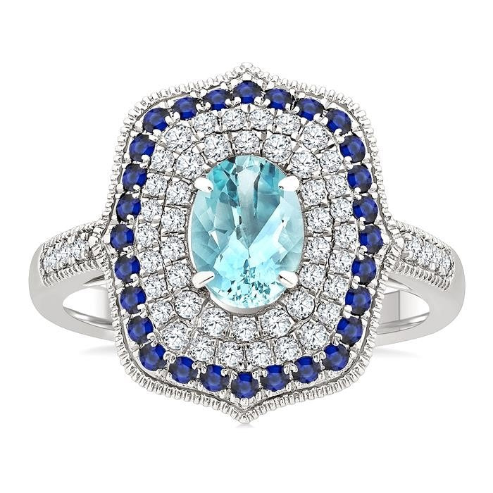 7x5 MM Oval Shape Aquamarine and 1.25 MM Round Shape Sapphire and 1/3 Ctw Round Cut Diamond Precious & Semi-Precious Fashion Ring in 14K White Gold