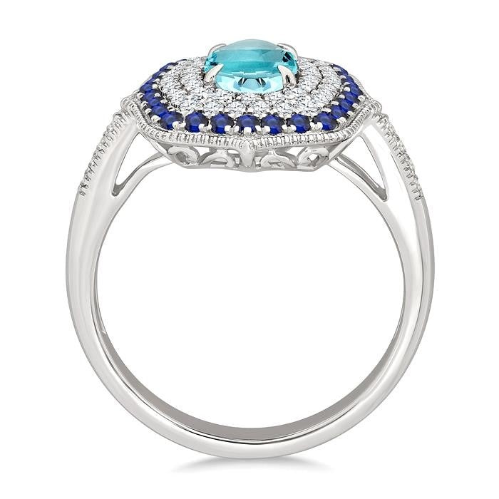 7x5 MM Oval Shape Aquamarine and 1.25 MM Round Shape Sapphire and 1/3 Ctw Round Cut Diamond Precious & Semi-Precious Fashion Ring in 14K White Gold