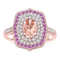 7X5 MM Oval Shape Morganite and 1.25 MM Round Shape Pink Sapphire and 1/3 Ctw Round Cut Diamond Precious & Semi-Precious Fashion Ring in 14K Rose Gold