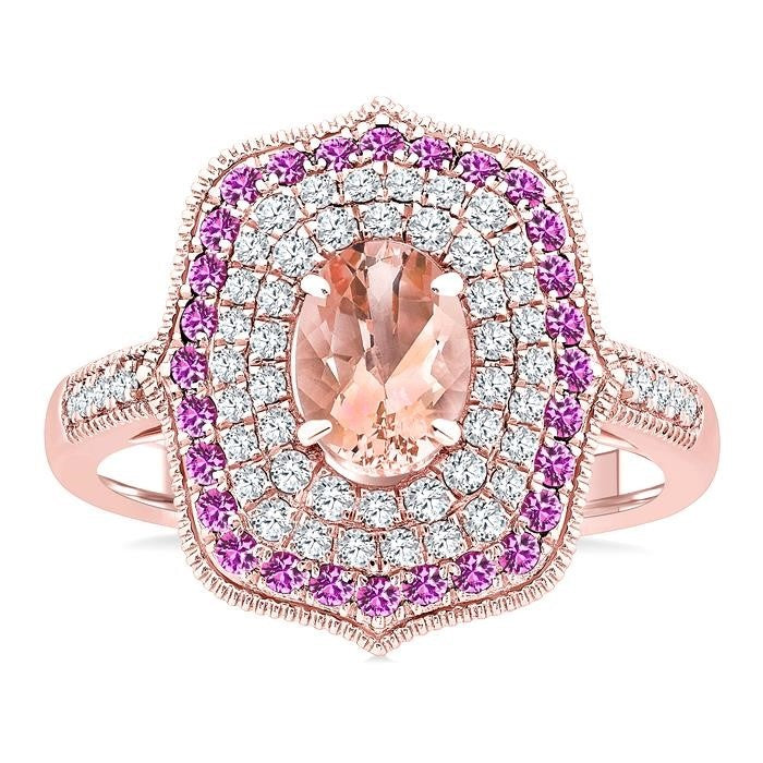 7X5 MM Oval Shape Morganite and 1.25 MM Round Shape Pink Sapphire and 1/3 Ctw Round Cut Diamond Precious & Semi-Precious Fashion Ring in 14K Rose Gold