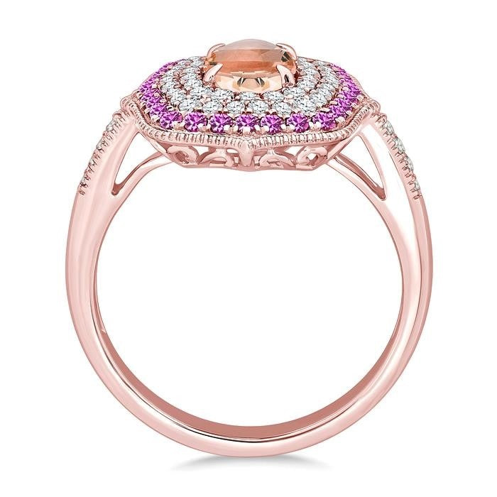 7X5 MM Oval Shape Morganite and 1.25 MM Round Shape Pink Sapphire and 1/3 Ctw Round Cut Diamond Precious & Semi-Precious Fashion Ring in 14K Rose Gold