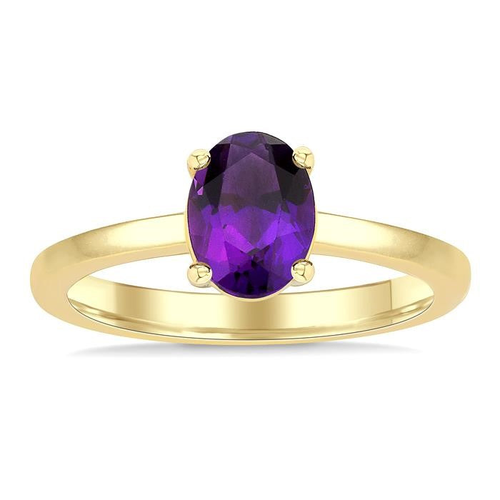 8X6 MM Oval Cut Amethyst Semi-Precious Solitaire Ring in 14K Yellow Gold