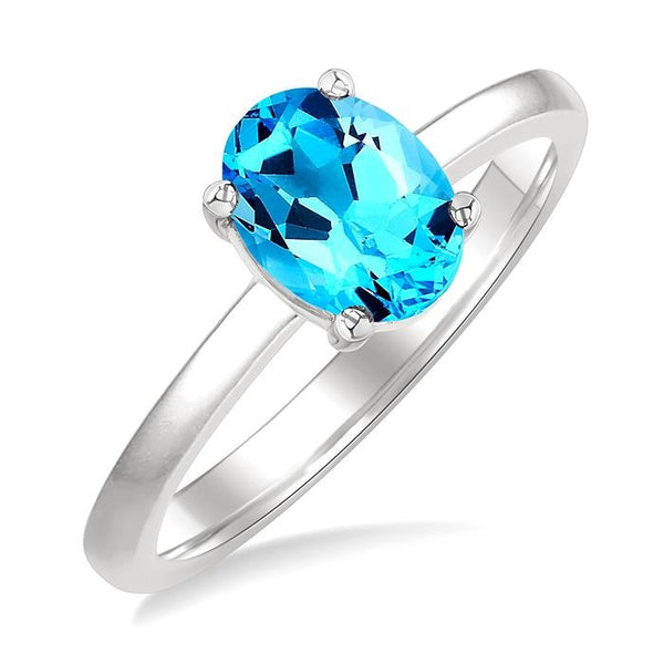 8X6 MM Oval Cut Blue Topaz Semi-Precious Solitaire Ring in 14K White Gold