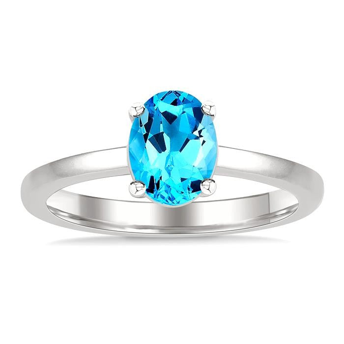 8X6 MM Oval Cut Blue Topaz Semi-Precious Solitaire Ring in 14K White Gold