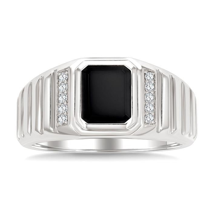 1/10 Ctw 8X7 MM Emerald Cut Onyx and Round Cut Diamond Semi-Precious Men's Ladder Groove Shank Ring in 10K White Gold