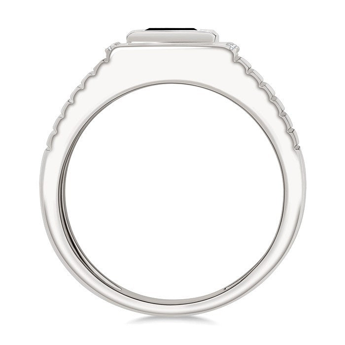 1/10 Ctw 8X7 MM Emerald Cut Onyx and Round Cut Diamond Semi-Precious Men's Ladder Groove Shank Ring in 10K White Gold