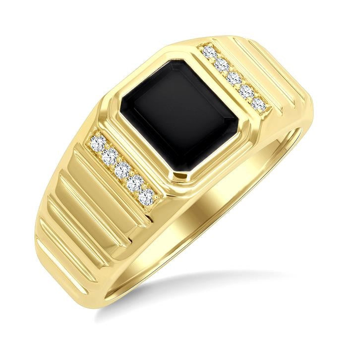 1/10 Ctw 8X7 MM Emerald Cut Onyx and Round Cut Diamond Semi-Precious Men's Ladder Groove Shank Ring in 10K Yellow Gold
