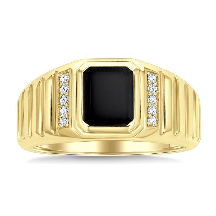 1/10 Ctw 8X7 MM Emerald Cut Onyx and Round Cut Diamond Semi-Precious Men's Ladder Groove Shank Ring in 10K Yellow Gold