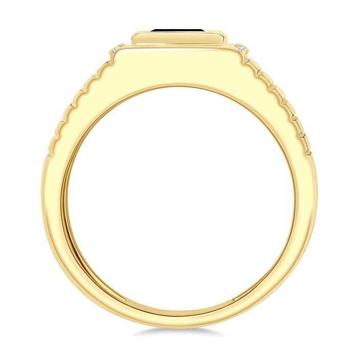 1/10 Ctw 8X7 MM Emerald Cut Onyx and Round Cut Diamond Semi-Precious Men's Ladder Groove Shank Ring in 10K Yellow Gold