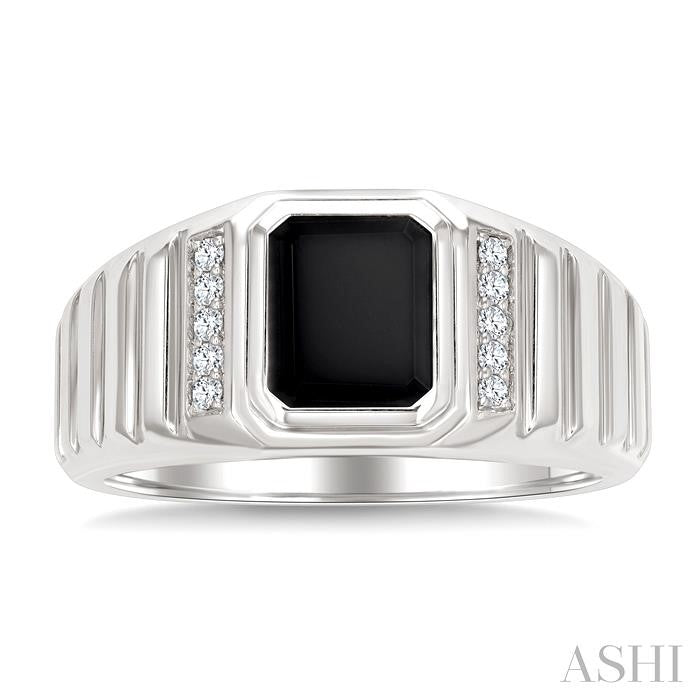 1/10 Ctw 8X7 MM Emerald Cut Onyx and Round Cut Diamond Semi-Precious Men's Ladder Groove Shank Ring in 10K White Gold