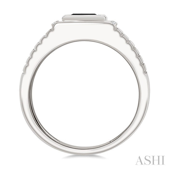 1/10 Ctw 8X7 MM Emerald Cut Onyx and Round Cut Diamond Semi-Precious Men's Ladder Groove Shank Ring in 10K White Gold