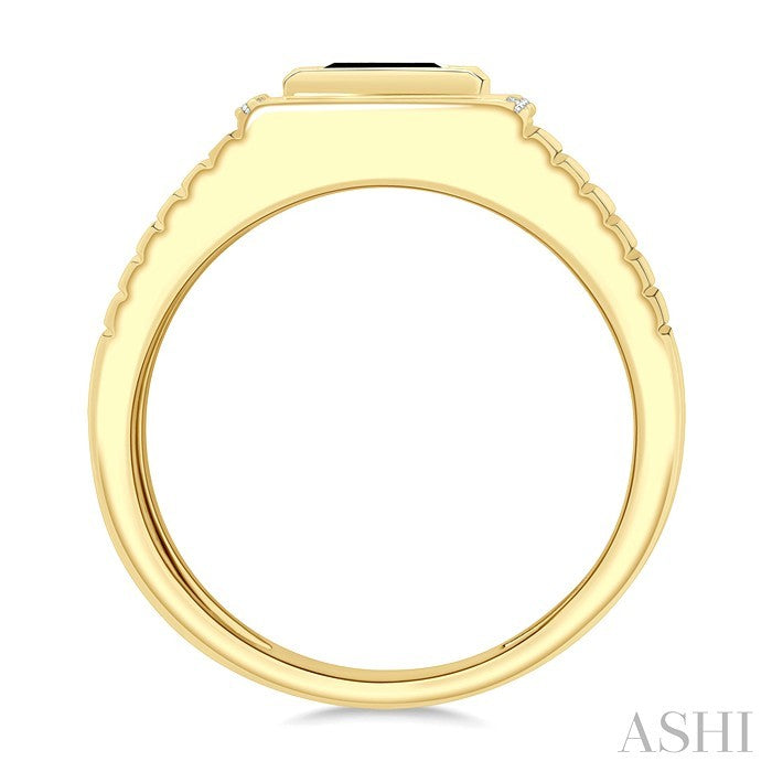 1/10 Ctw 8X7 MM Emerald Cut Onyx and Round Cut Diamond Semi-Precious Men's Ladder Groove Shank Ring in 10K Yellow Gold