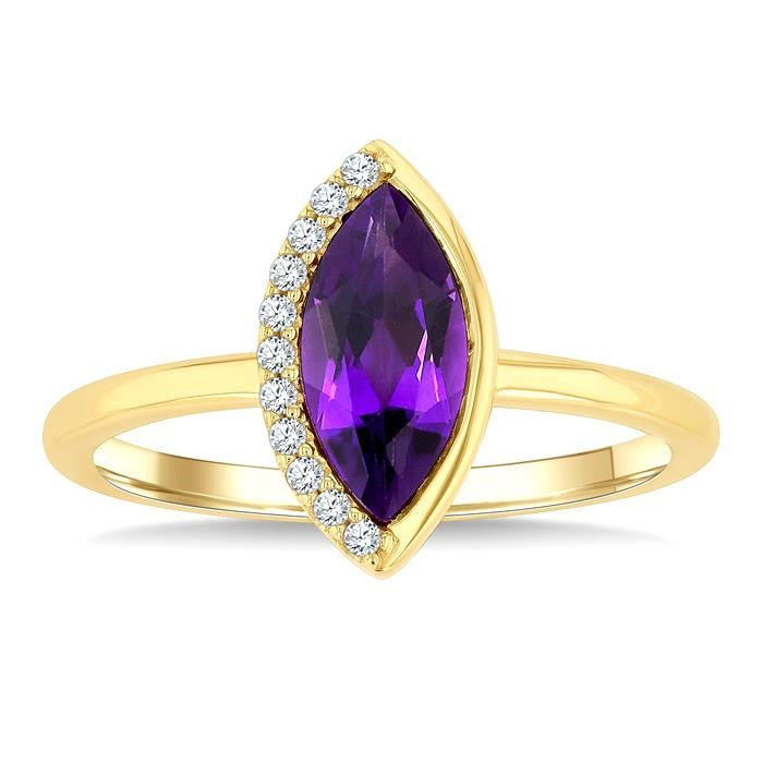 1/20 Ctw 10X5 MM Marquise Cut Amethyst and Round Cut Diamond Semi-Precious Fashion Ring in 10K Yellow Gold