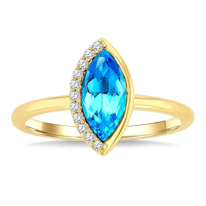 1/20 Ctw 10X5MM Marquise Cut Blue Topaz and Round Cut Diamond Semi-Precious Fashion Ring in 10K Yellow Gold