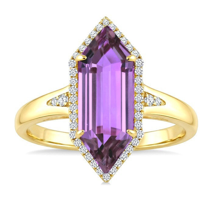 16X6 MM Evoque Gemstones Hexagon Shape Amethyst and 1/5 Ctw Round Cut Diamond Semi-Precious Ring in 10K Yellow Gold