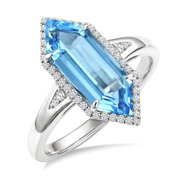 16X6 MM Evoque Gemstones Hexagon Shape Blue Topaz and 1/5 Ctw Round Cut Diamond Semi-Precious Ring in 10K White Gold