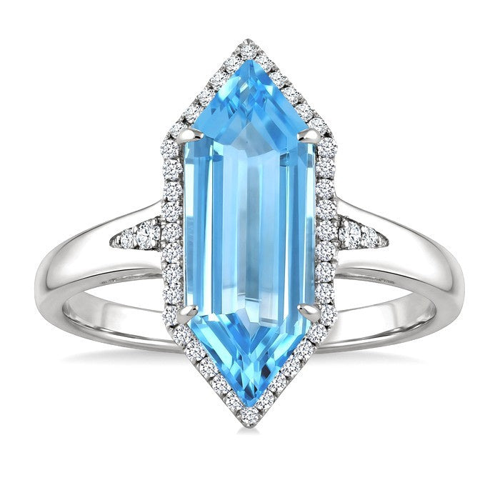 16X6 MM Evoque Gemstones Hexagon Shape Blue Topaz and 1/5 Ctw Round Cut Diamond Semi-Precious Ring in 10K White Gold