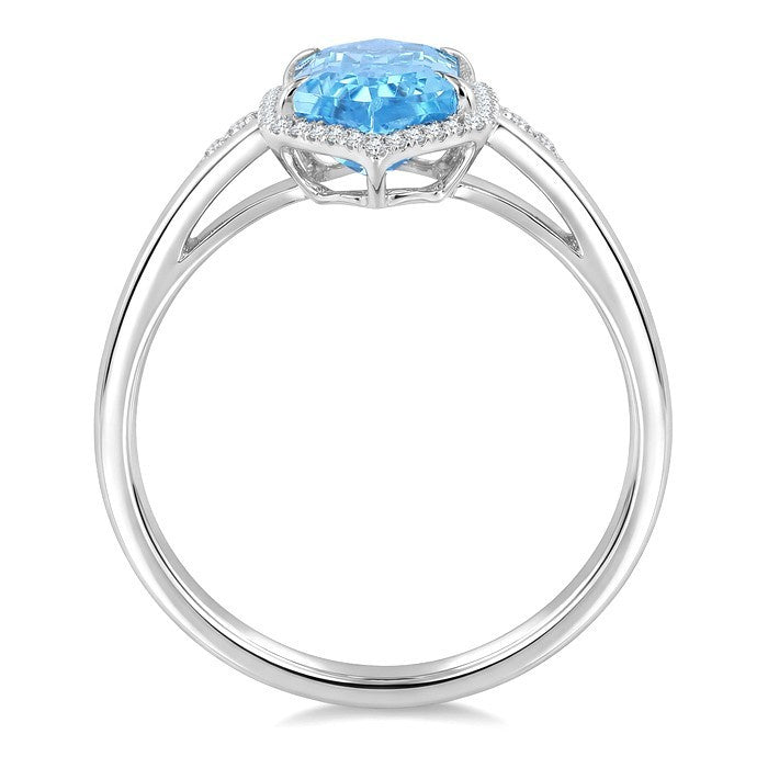 16X6 MM Evoque Gemstones Hexagon Shape Blue Topaz and 1/5 Ctw Round Cut Diamond Semi-Precious Ring in 10K White Gold