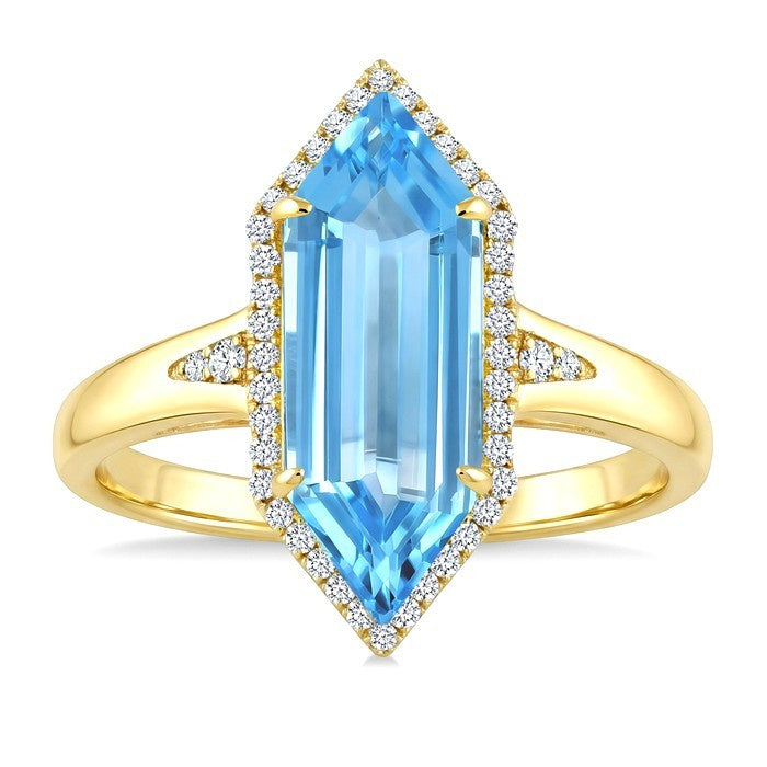 16X6 MM Evoque Gemstones Hexagon Shape Blue Topaz and 1/5 Ctw Round Cut Diamond Semi-Precious Ring in 10K Yellow Gold