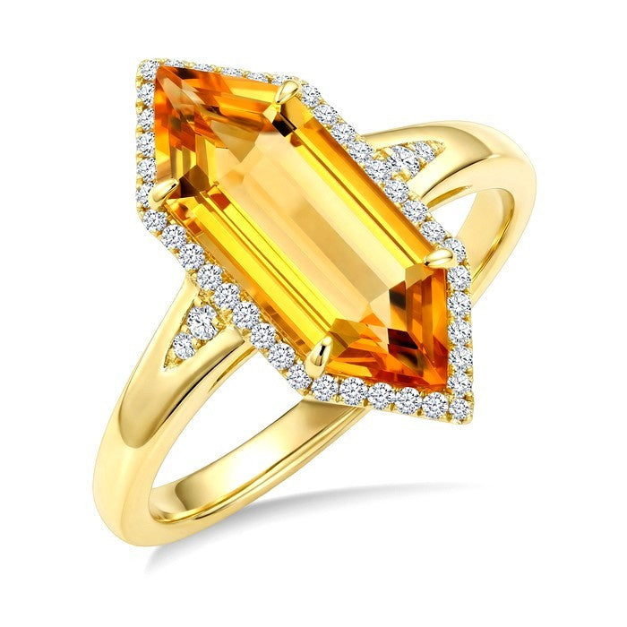 16X6 MM Evoque Gemstone Hexagon Shape Citrine and 1/5 Ctw Round Cut Diamond Semi-Precious Ring in 10K Yellow Gold