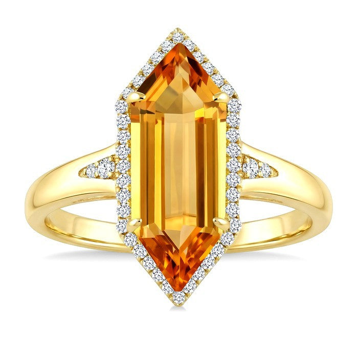 16X6 MM Evoque Gemstone Hexagon Shape Citrine and 1/5 Ctw Round Cut Diamond Semi-Precious Ring in 10K Yellow Gold
