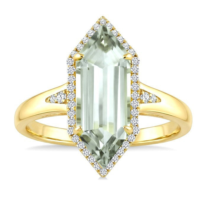 16X6 MM Evoque Gemstone Hexagon Shape Green Amethyst and 1/5 Ctw Round Cut Diamond Semi-Precious Ring in 10K Yellow Gold