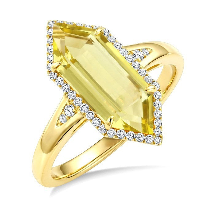 16X6 MM Evoque Gemstones Hexagon Shape Lemon Quartz and 1/5 Ctw Round Cut Diamond Semi-Precious Ring in 10K Yellow Gold