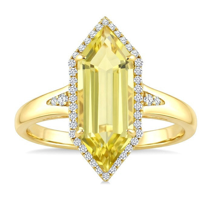 16X6 MM Evoque Gemstones Hexagon Shape Lemon Quartz and 1/5 Ctw Round Cut Diamond Semi-Precious Ring in 10K Yellow Gold