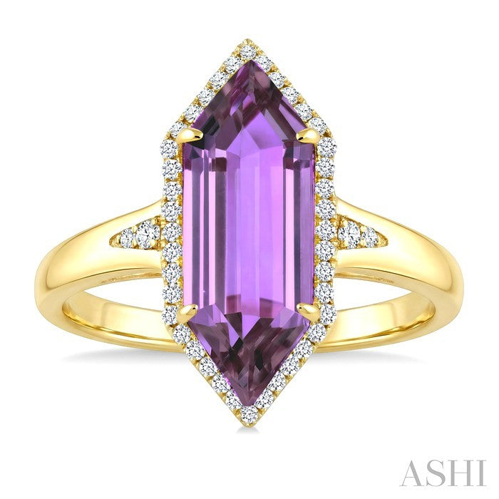 16X6 MM Evoque Gemstones Hexagon Shape Amethyst and 1/5 Ctw Round Cut Diamond Semi-Precious Ring in 10K Yellow Gold