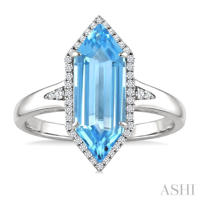 16X6 MM Evoque Gemstones Hexagon Shape Blue Topaz and 1/5 Ctw Round Cut Diamond Semi-Precious Ring in 10K White Gold