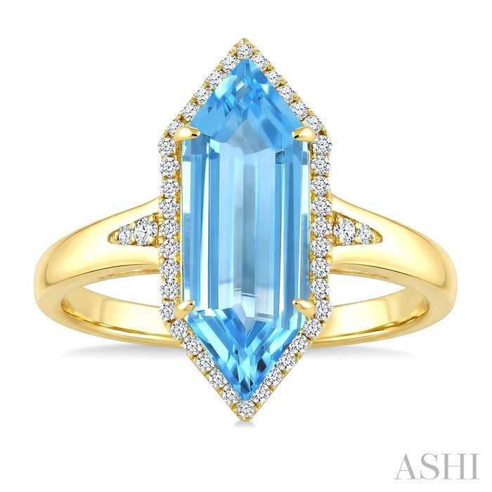 16X6 MM Evoque Gemstones Hexagon Shape Blue Topaz and 1/5 Ctw Round Cut Diamond Semi-Precious Ring in 10K Yellow Gold