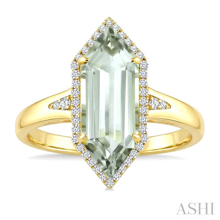 16X6 MM Evoque Gemstone Hexagon Shape Green Amethyst and 1/5 Ctw Round Cut Diamond Semi-Precious Ring in 10K Yellow Gold