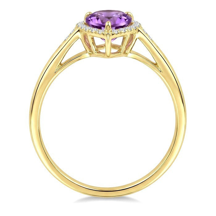 16X6 MM Evoque Gemstones Pear Shape Amethyst and 1/6 Ctw Round Cut Diamond Semi-Precious Ring in 14K Yellow Gold