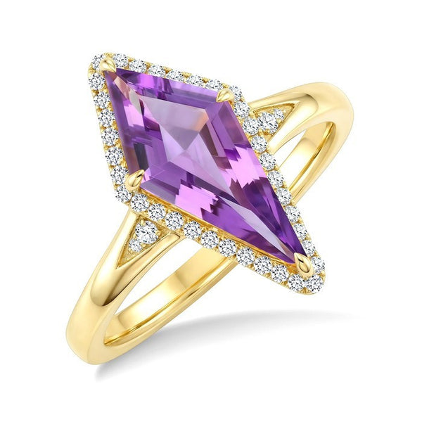 16X7 MM Evoque Gemstones Kite Shape Amethyst and 1/6 Ctw Round Cut Diamond Semi-Precious Ring in 10K Yellow Gold