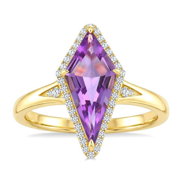 16X7 MM Evoque Gemstones Kite Shape Amethyst and 1/6 Ctw Round Cut Diamond Semi-Precious Ring in 10K Yellow Gold