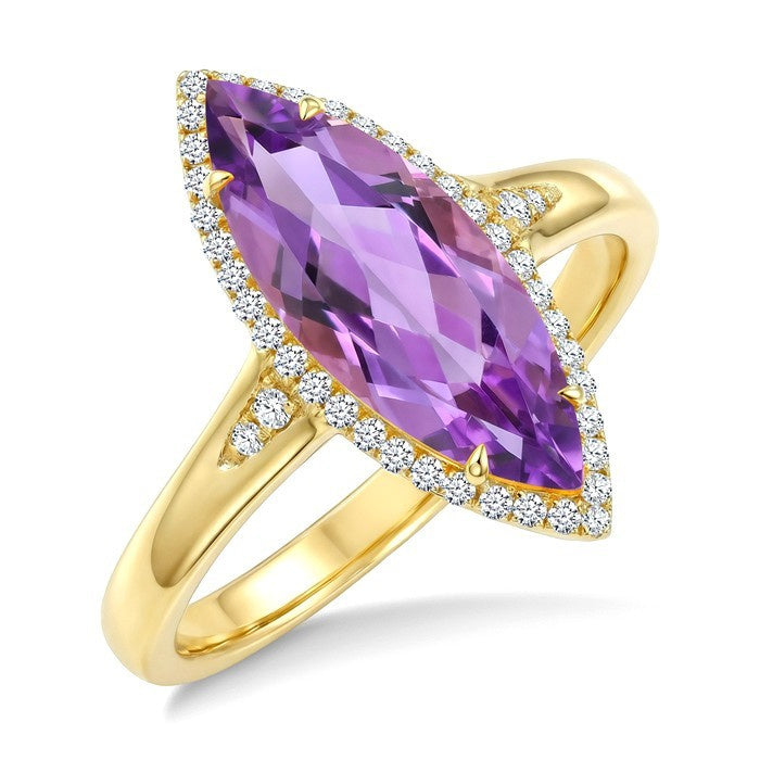 16X7 MM Evoque Gemstones Marquise Shape Amethyst and 1/6 Ctw Round Cut Diamond Semi-Precious Ring in 10K Yellow Gold