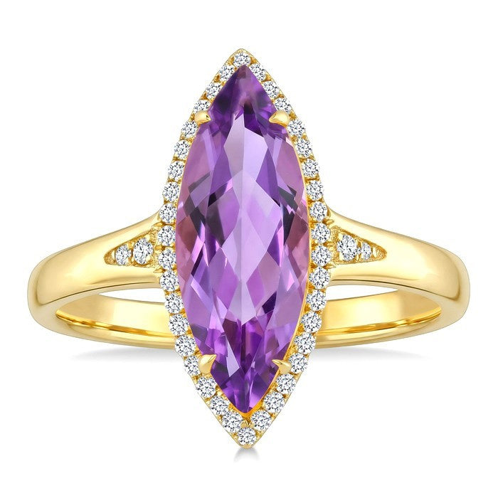16X7 MM Evoque Gemstones Marquise Shape Amethyst and 1/6 Ctw Round Cut Diamond Semi-Precious Ring in 10K Yellow Gold