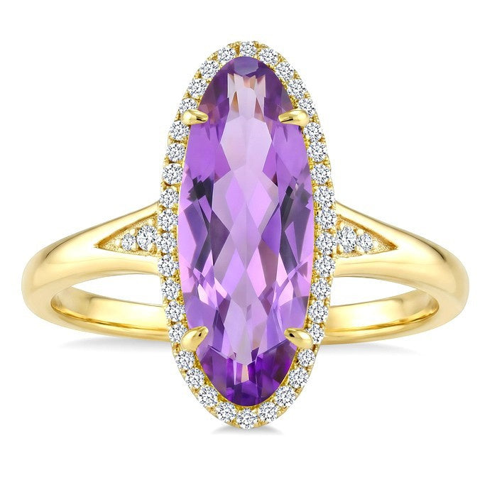 16X6 MM Evoque Gemstones Oval Shape Amethyst and 1/6 Ctw Round Cut Diamond Semi-Precious Ring in 10K Yellow Gold