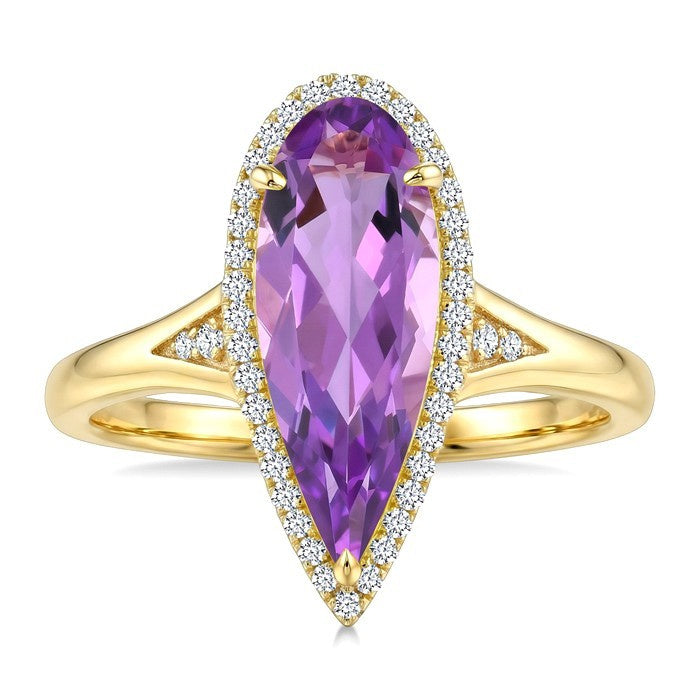 16X6 MM Evoque Gemstones Pear Shape Amethyst and 1/6 Ctw Round Cut Diamond Semi-Precious Ring in 10K Yellow Gold